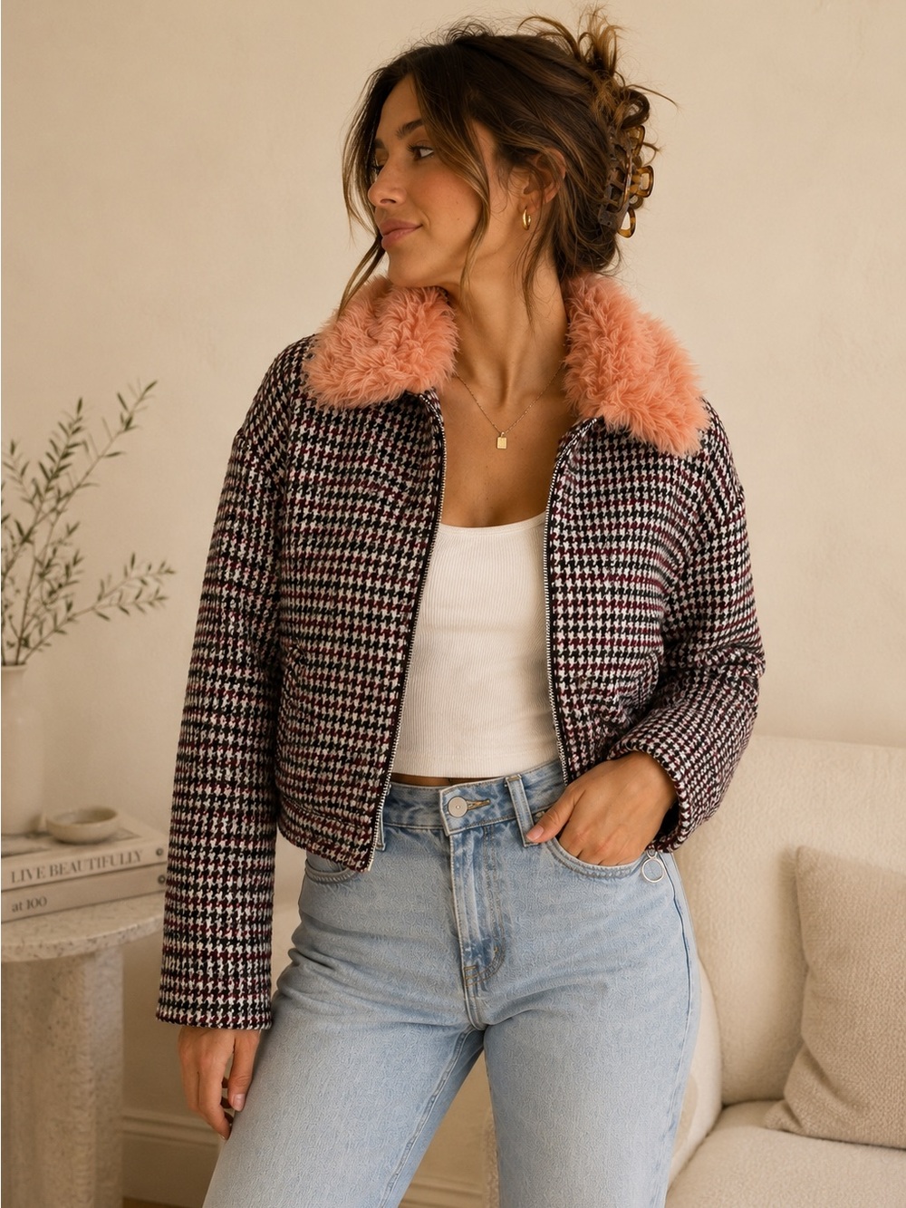 Urban Outfitters Houndstooth Faux Fur Collar Cropped Bomber Jacket M